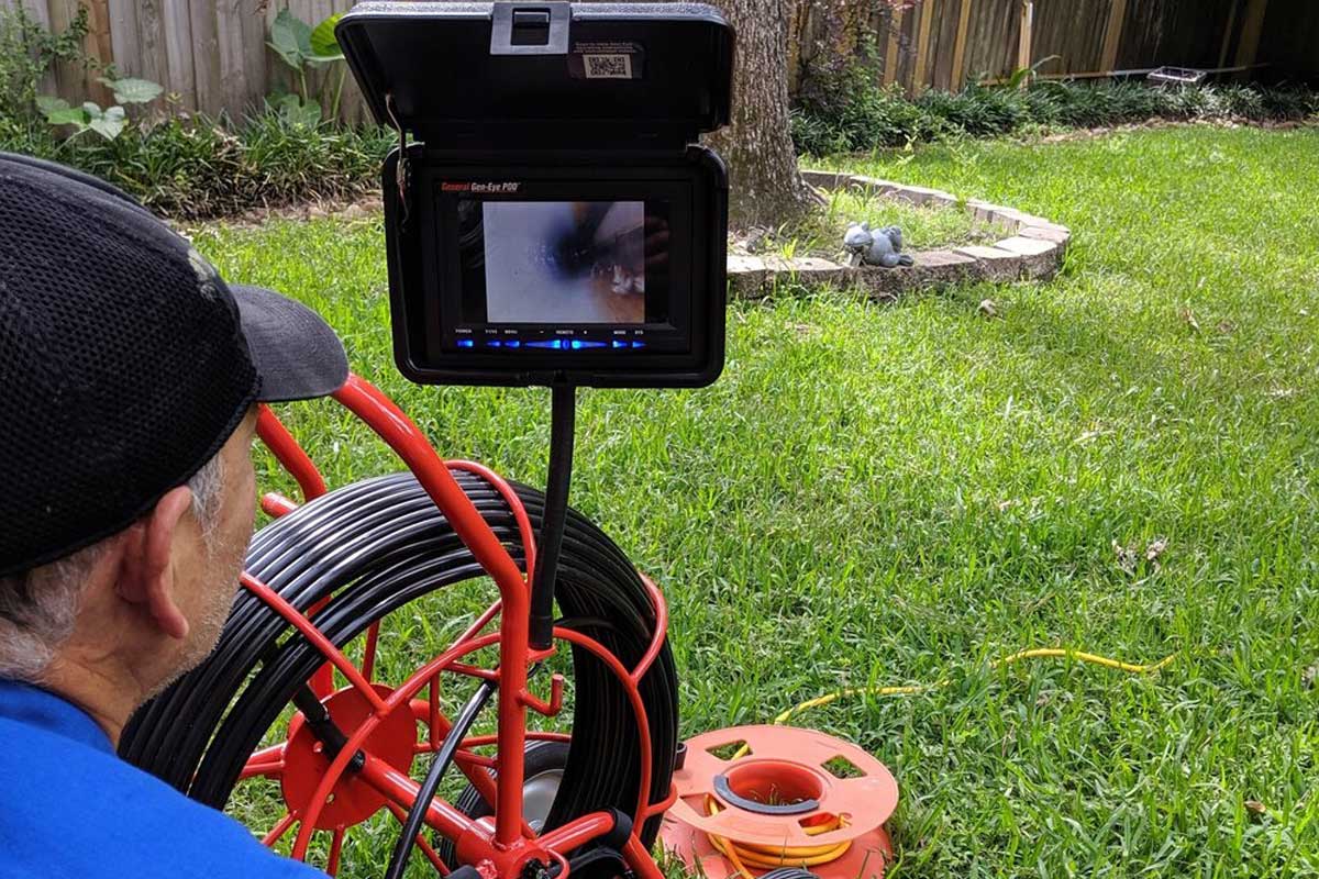 Technician running a sewer camera inspection through a home cleanout